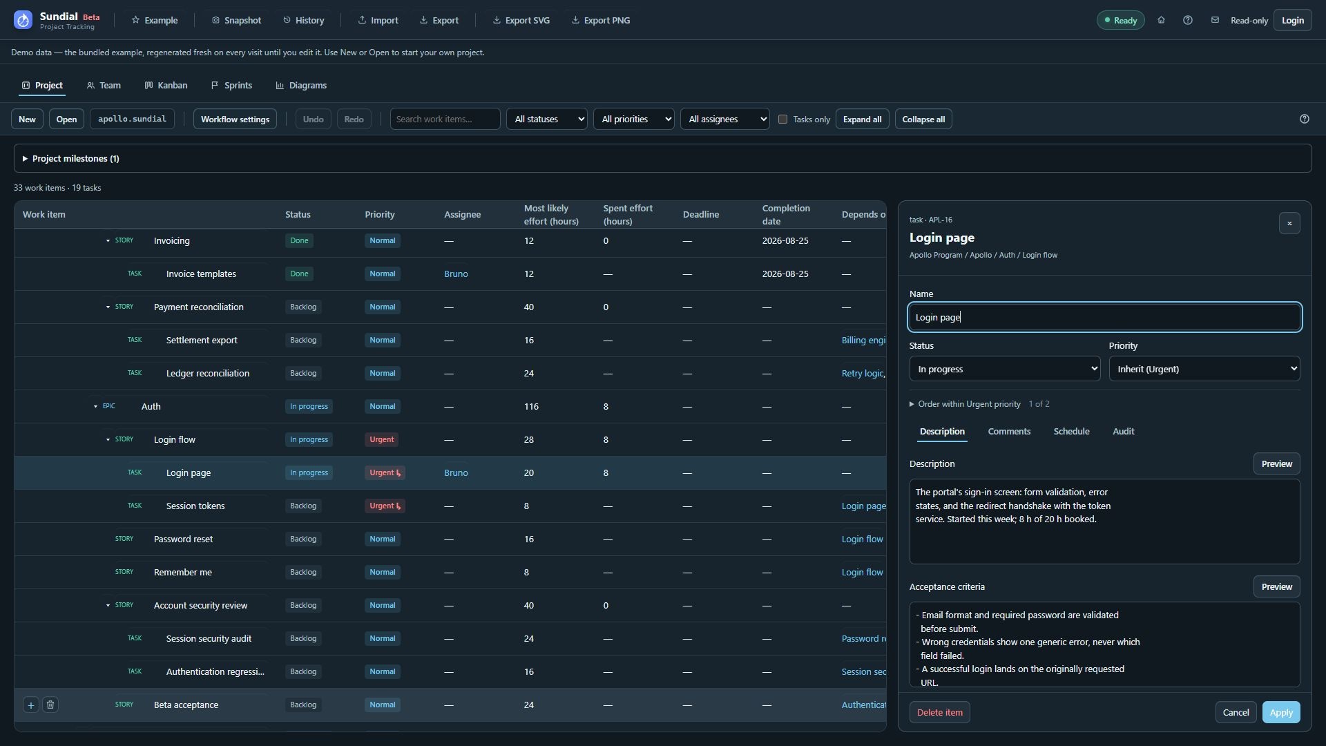 Login page Description and Acceptance criteria in the current work-item inspector.