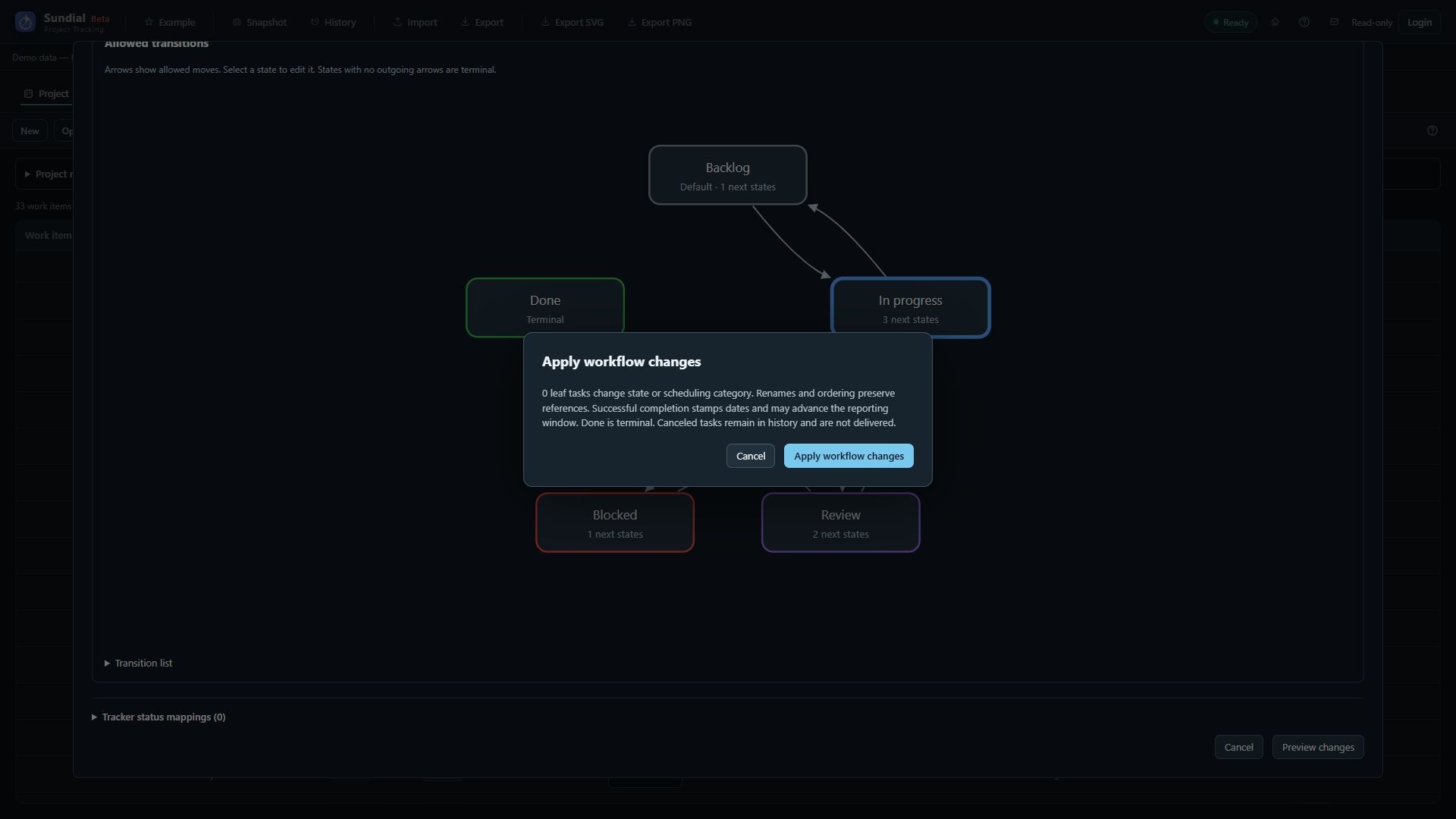 Workflow impact preview before applying changes. This unchanged preview affects no tasks.
