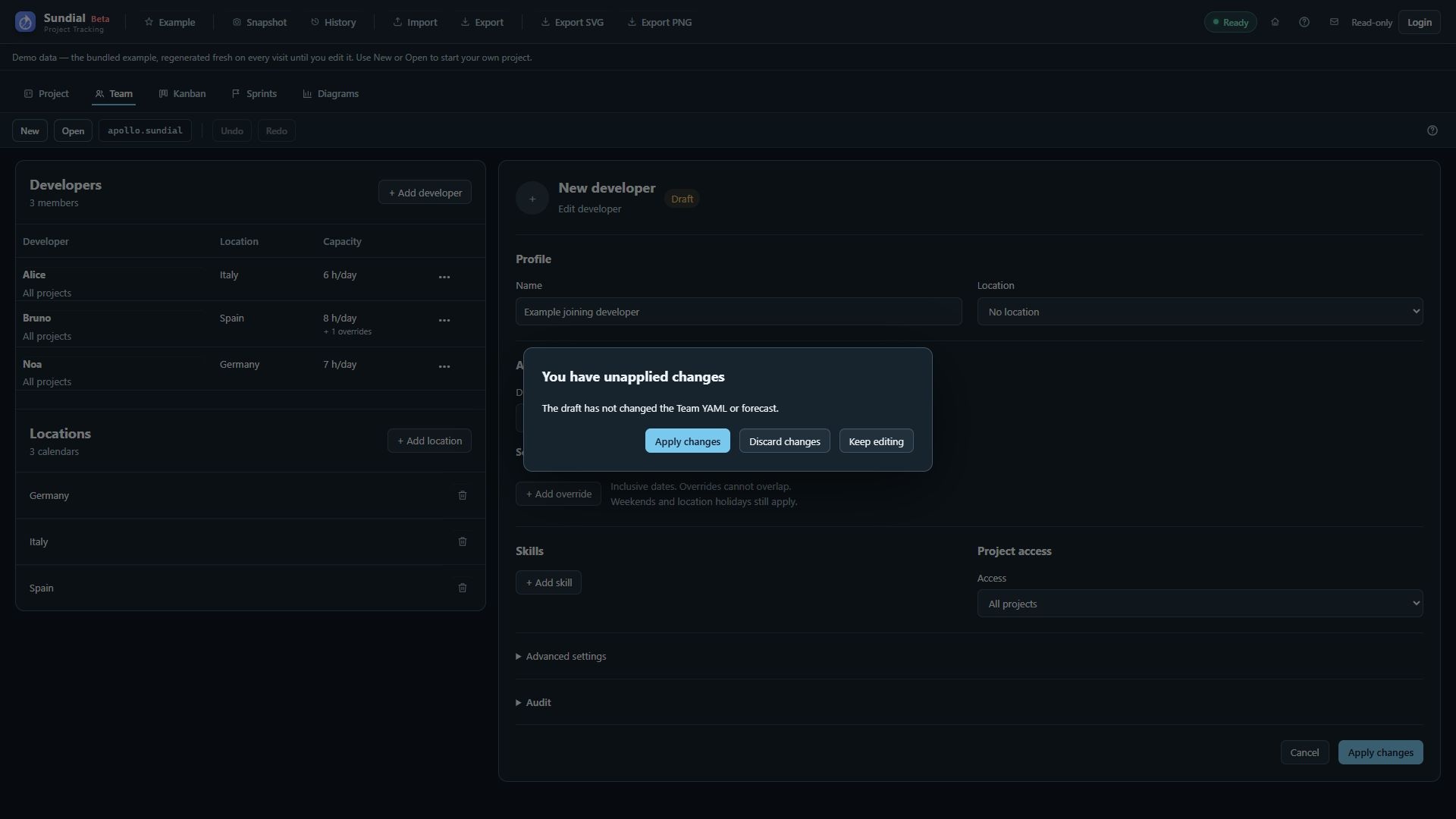 Unapplied-changes dialog offering Apply changes, Discard changes, and Keep editing.