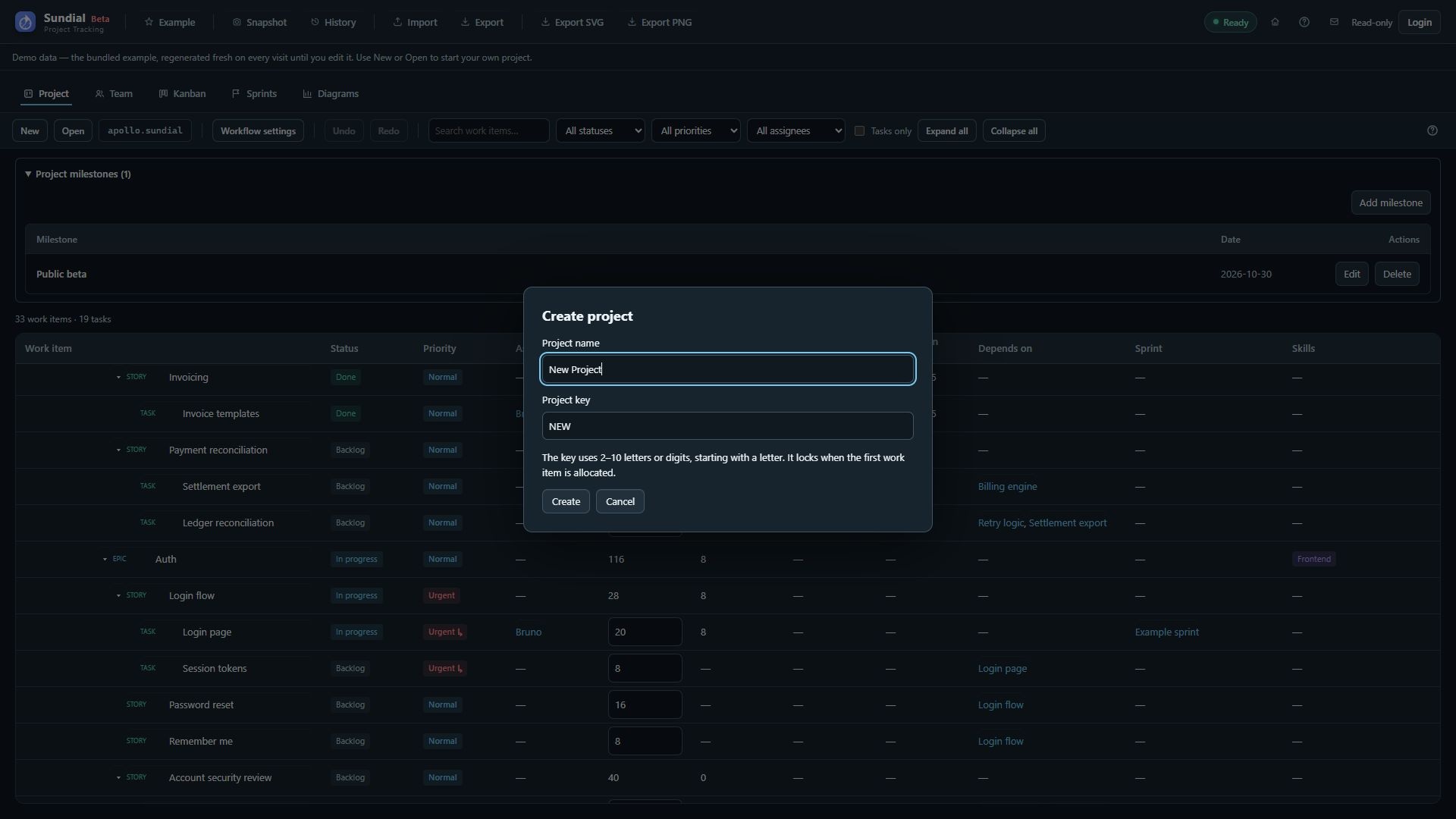 Current Create project dialog with Project name and Project key fields.
